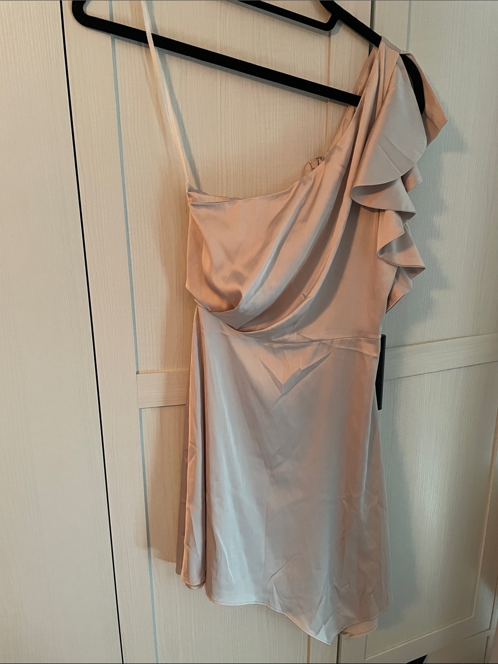 NBD One-Shoulder Ruffle Satin Dress in Blush